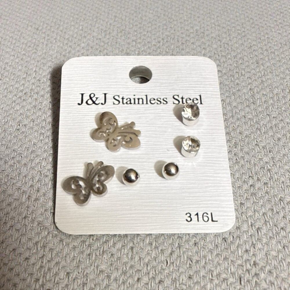 Stainless Steel Stud Earring Set  | Butterfly | 3 Pair | Hypoallergenic